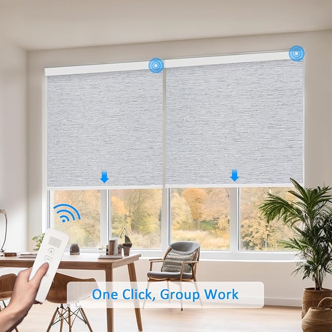 COOLWINDS Motorized Blinds with Remote Cordless Automatic Motorized Shades Custom Blinds for Indoor Windows Smart Curtains with Alexa Google Home(Blackout Jacquard Grey,W46 x H72in)