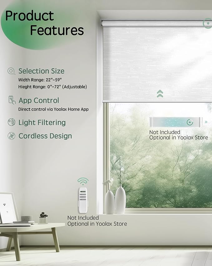 Yoolax Motorized Blinds App Control, Light Filtering Motorized Shades for Windows, Cordless Automatic Roller Shades for Bedroom Living Room Office(Light Filtering Jacquard White, 39" W x 72" H)