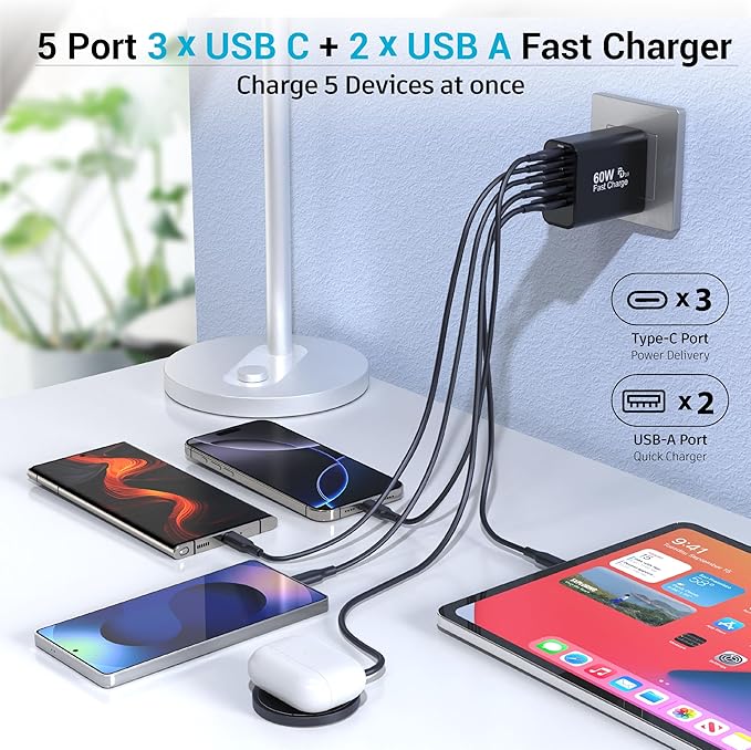 USB C Charger Block, 2-Pack 60W 5 Ports USBC Wall Charger Plug Fast Charging, iPhone Charger QC Multiport PD Adapter Chargers, Type C Box Brick Cube for iPhone 17 16 15 14 13 Pro Max, Samsung