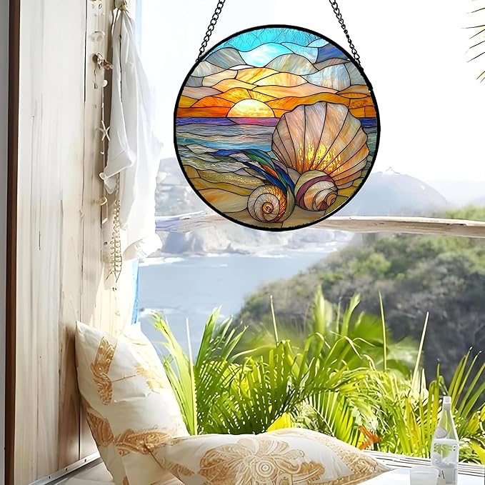 AMDERVEN Stained Glass Window Hanging - Colorful Beach Shells Conch Sun Catcher for Door Home Decor Ocean Suncatcher Christmas Mother's Day Birthday Sea Lover Gifts for Women Men Mom Nana 9.8 in