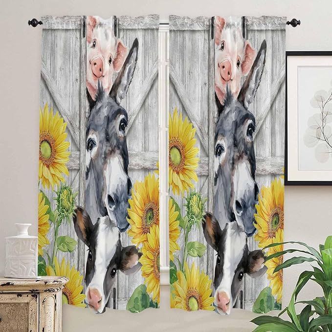 Farmhouse Living Room Curtains 72 Inches length, Watercolor Sunflowers Animals - Image 2