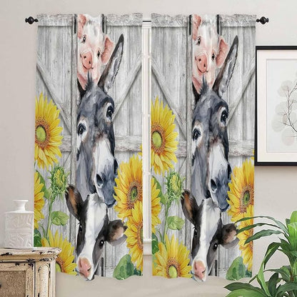 Farmhouse Living Room Curtains 72 Inches length, Watercolor Sunflowers Animals - Image 2