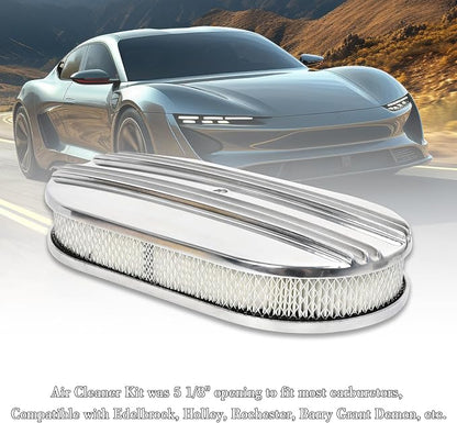15" Polished Aluminum Air Cleaner Assembly Kit Alloy Oval Partial Half Finned - Image 7