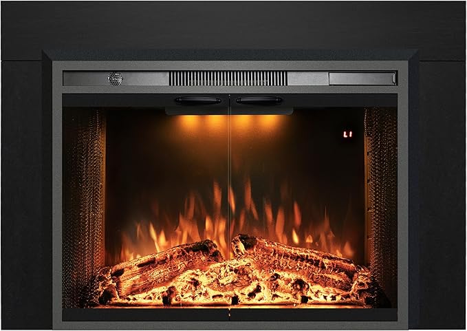 Velaychimny 40" Electric Fireplace Insert with Metal Trim Kit, Adjustable Flame, Fire Crackling Sound, Top Light Colors, Timer, Glass Door & Mesh Screen, Black