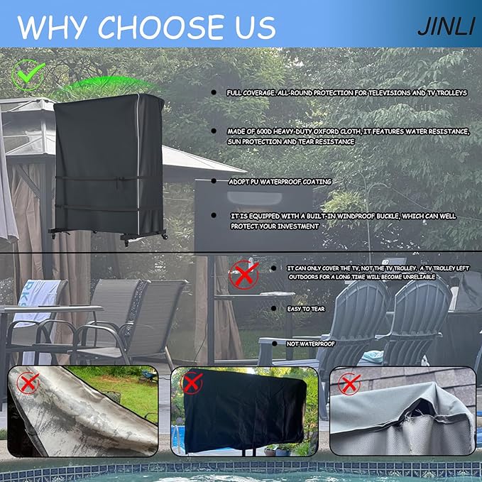 JINLI 60-65 inch outdoor TV trolley cover, courtyard TV cover, Oxford fabric waterproof and dustproof, triple windproof design, compatible with rolling/mobile stand