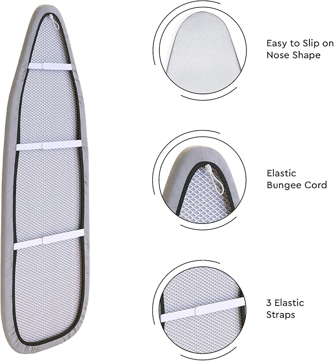 Encasa XO Ironing Board Cover And Pad 42"x14" - 4mm Felt & 2mm foam Metallized Silver iron Board Cover With Padding - Heat & Scorch Resistant, Non Slip, Bungee Elasticated, 3 Fasteners Silver Luxury