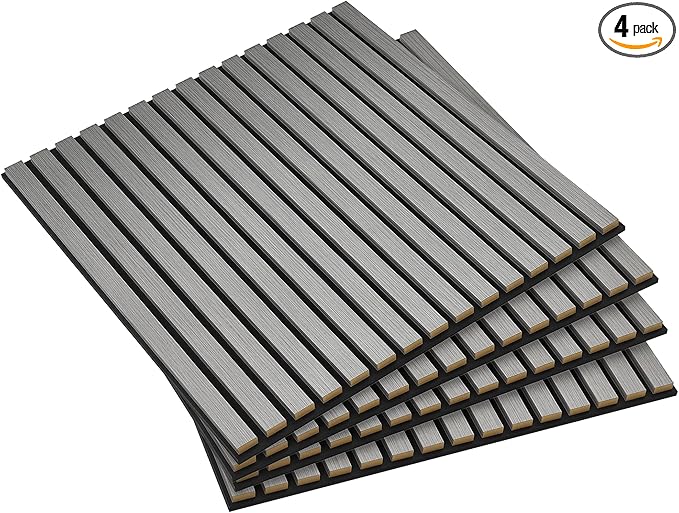 HOMCOM 4 Pack 3D Acoustic Panels, 24" x 24" Soundproof Wood Panels for Wall, Wood Slat Wall Paneling for Interior Ceiling, Office, Home Theater, Studio, Gray