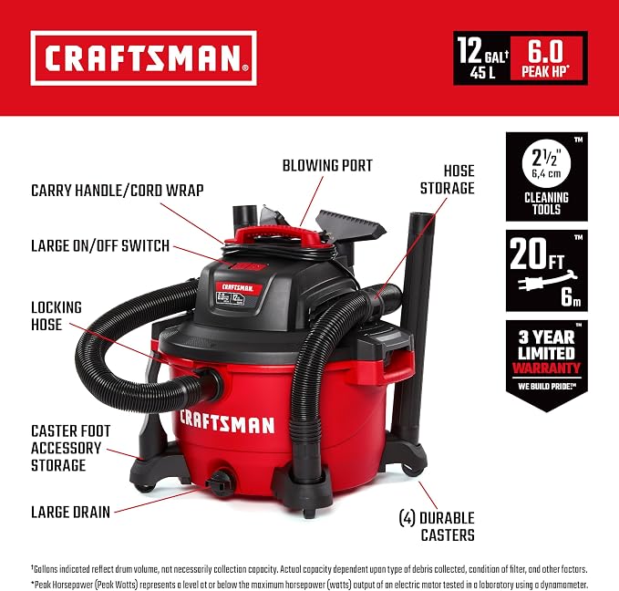 CRAFTSMAN CMXEVBE17594 12 Gallon 6.0 Peak HP Wet Dry Vac, Portable Shop Vacuum - Image 2