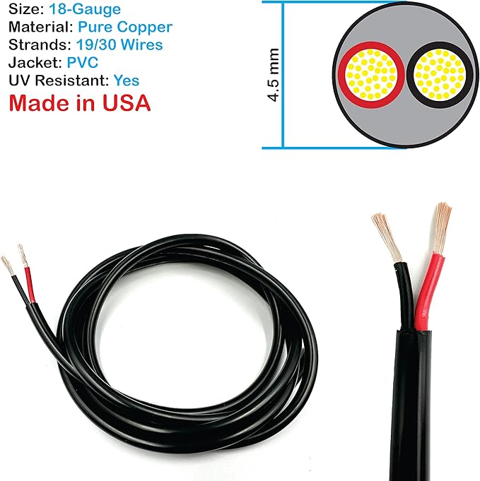 NATIONAL Wire & Cable – 18 AWG 2-Conductor Premium Copper Wire, 100 ft, Stranded | Made in USA, Flexible Jacket | LED Strips, Electronics, Low Voltage, DIY Projects, Indoor and Outdoor Use