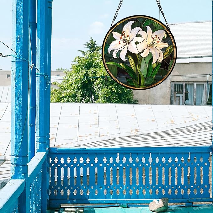 CRISGIF Stained Glass Window Hanging, White Lily Suncatcher for Door Garden Patio Birth Flower Green Plant Sun Catchers Decor Christmas Mother's Day Birthday Gifts for Women Mom Nana Friend 15 in