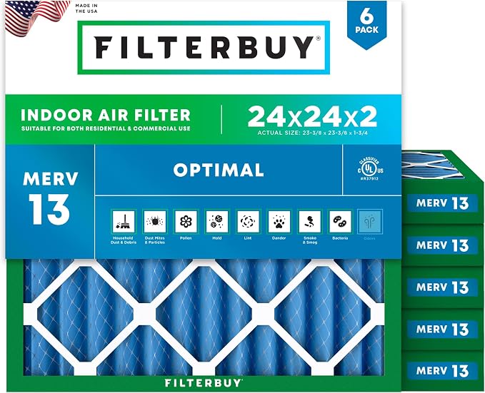Filterbuy 24x24x2 Air Filter MERV 13 Optimal Smoke & Allergy Defense, by Filterbuy