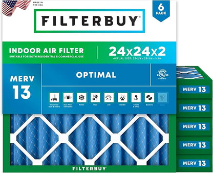 Filterbuy 24x24x2 Air Filter MERV 13 Optimal Smoke & Allergy Defense, by Filterbuy