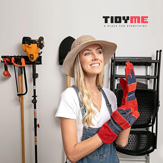 TIDYME Heavy-Duty Garage Wall Storage System | Wall Mounted Tool Organizer Rack with Shelving | 12-Piece Mounting Kit | 6x10” Double-Layered Hooks & 2x24” Floating Utility Shelves