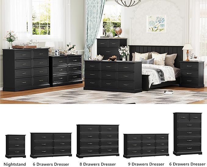 Nightstand Set of 2,24" Wide End Table with 3 Large Drawers & Metal Handles,Rustic Farmhouse Wood Small Dresser,Bedside Table,Modern Chest of Drawers for Bedroom,Living Room,Black