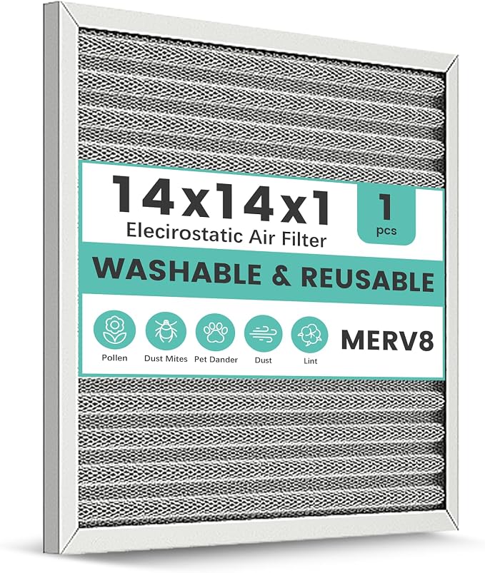 14x14x1 Reusable Air Filter, Electrostatic HVAC AC Furnace Filter, Merv 8 by KEYINGXUAN