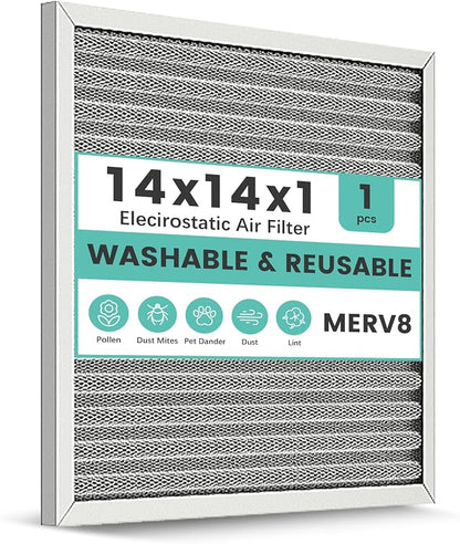 14x14x1 Reusable Air Filter, Electrostatic HVAC AC Furnace Filter, Merv 8 by KEYINGXUAN