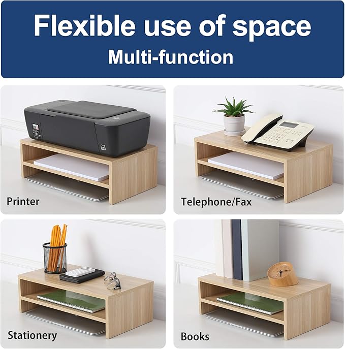 FITUEYES Monitor Stand - 2 Tier Computer Monitor Riser Shelf, Wood Desktop Stand for Laptop Computer Screen, Desk Organization, Office Supplies