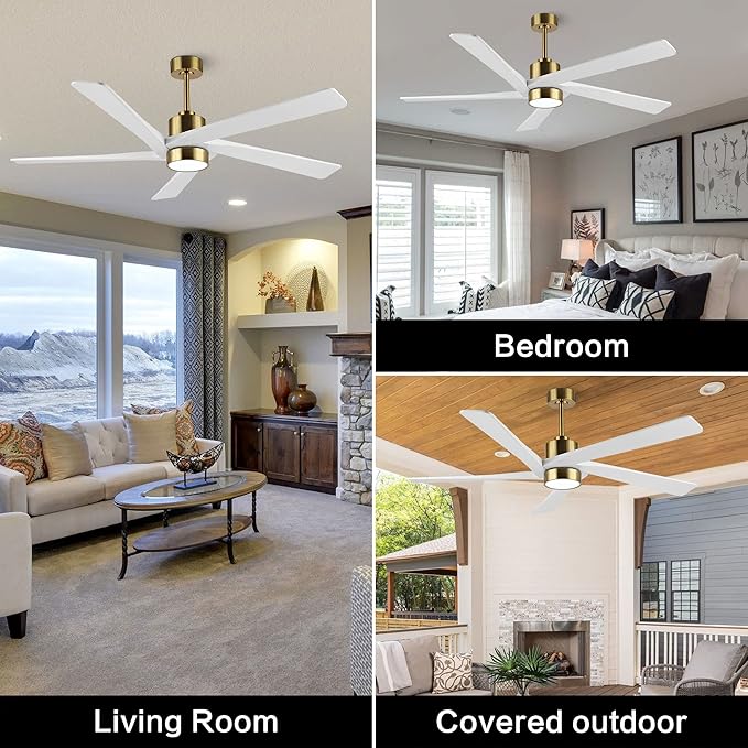 WINGBO 72 Inch DC Ceiling Fan with Lights and 3 Downrods, 5 Reversible Carved Wood Blades, 6-Speed Noiseless DC Motor, Large Ceiling Fan in Brass Finish with White Blades, ETL Listed