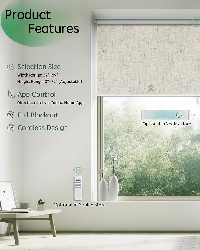 Yoolax Motorized Blinds App Control, Blackout Roller Shades for Windows, Cordless Automatic Shades Roller Window Blinds for Bedroom Living Room Office(Blackout Artisan Beige, 44" W x 72" H)