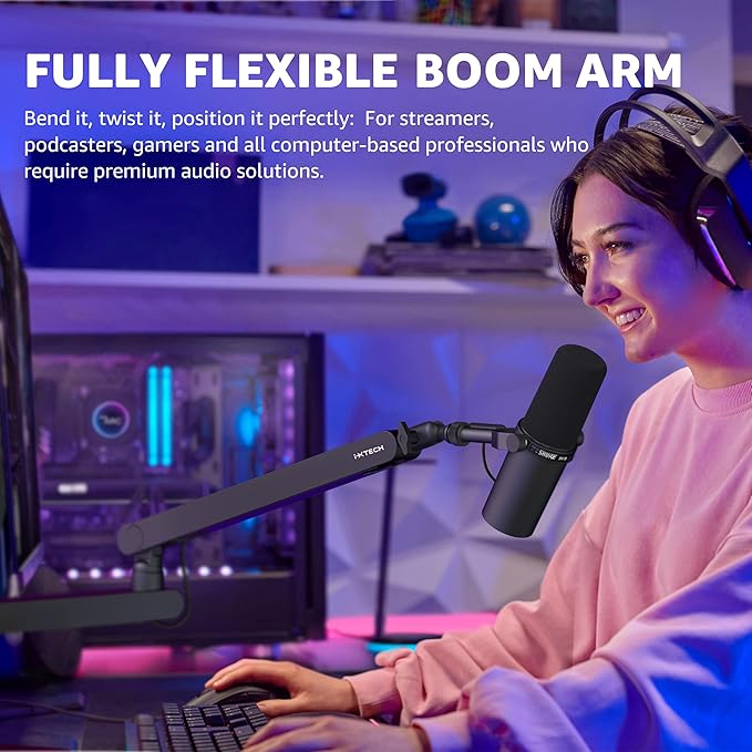 IXTECH Mic Arm Desk Mount, Low Profile 360° Swivel Mic Boom Arm, Adjustable Microphone Arm with Detachable Rise Column and Built-In Cable Management for Streaming and Recording.