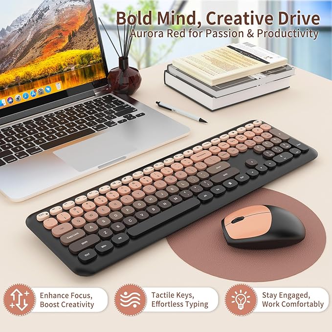 HotFox Wireless Keyboard and Mouse Combo, Full-Size Retro Typewriter Keyboard with Round Keycaps, Ergonomic Design for Windows PC, Home and Office Use -Red