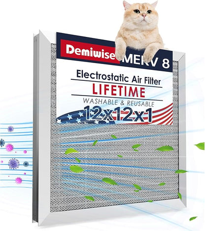 12x12x1 Electrostatic Air Filter, Reusable MERV 8 Aluminum AC/HVAC Furnace by Demiwise