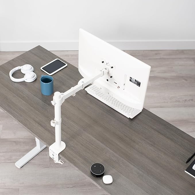 VIVO Single Monitor Arm Desk Mount, Holds Screens up to 32 inch Regular and 38 inch Ultrawide, Fully Adjustable Stand with C-Clamp and Grommet Base, VESA 75x75mm or 100x100mm, White, STAND-V001W