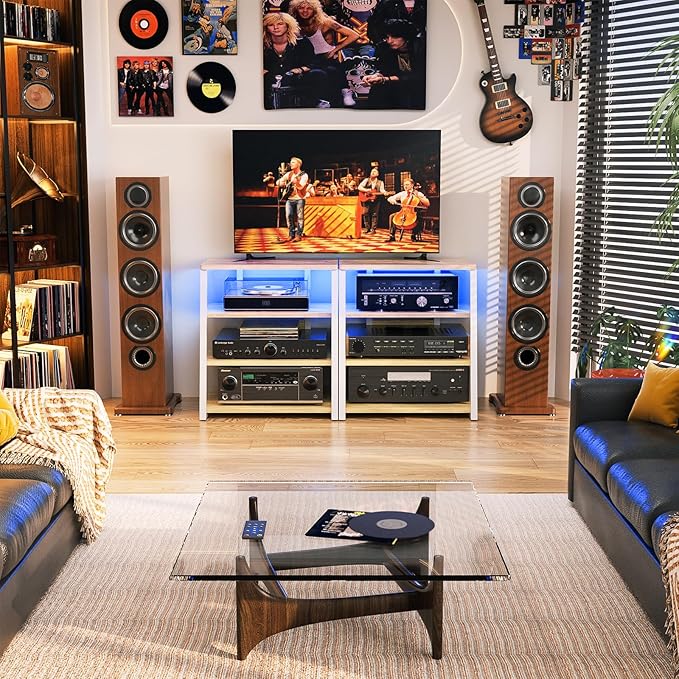 Besiost AV Media Stand with Outlets, Media Console with LED Lights, Stereo Racks and Stands with Storage Shelves, Media Audio Tower Cabinet, Natural Oak and White