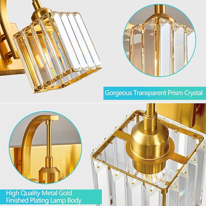 FDPBY Crystal Vanity Lights 4-Light Gold Bathroom Vanity Lights Modern Crystal Bathroom Light Fixtures Over Mirror 32.67" Long Vanity Light for Bathroom