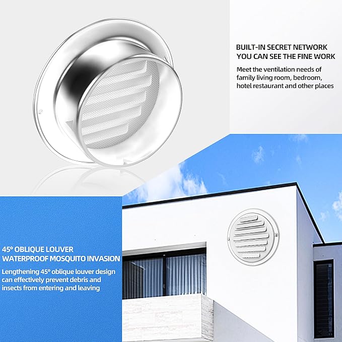 4'' Shiny Silver Paint Stainless Steel Air Vents, Louvered Grille Cover Vent - Image 5