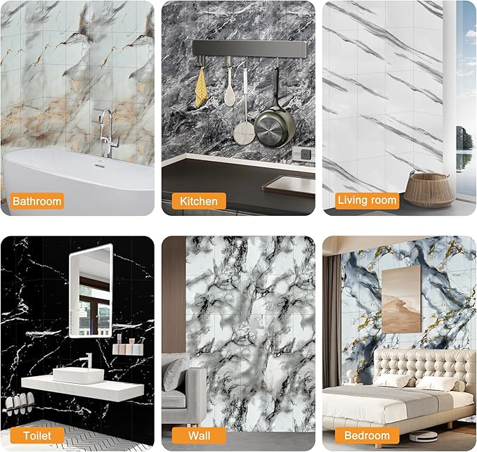 Wall Panels Peel and Stick，PVC Imitation Artificial Marble Tiles Sticker，20 pcs 23.6" L x 11.8" W，Heat-Resistant Backsplash Tile，Ideal for Kitchen Bathrooms Living Rooms Bedrooms.