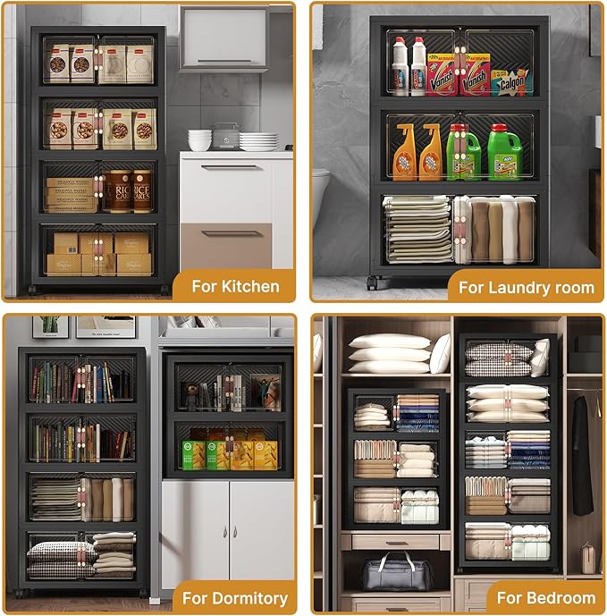 Extra Large Stackable Storage Bins with Lids & Wheels, 165QT-55QT/14GAL*3Pack Foldable Collapsible Closet Organizers Dark Storage Cabinet with Doors for Bedroom Dorm