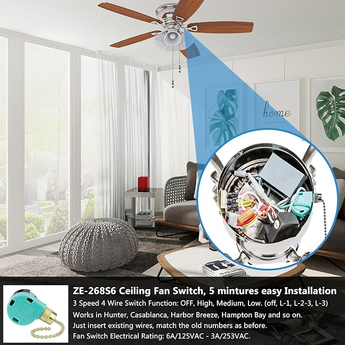 ZE-268S6 Ceiling Fan Switch, 3 Speed 4 Wire Pull Chain Switch Control Switch Compatible with Hunter Ceiling Fans, Wall Lamps (2 Pack, Brass)