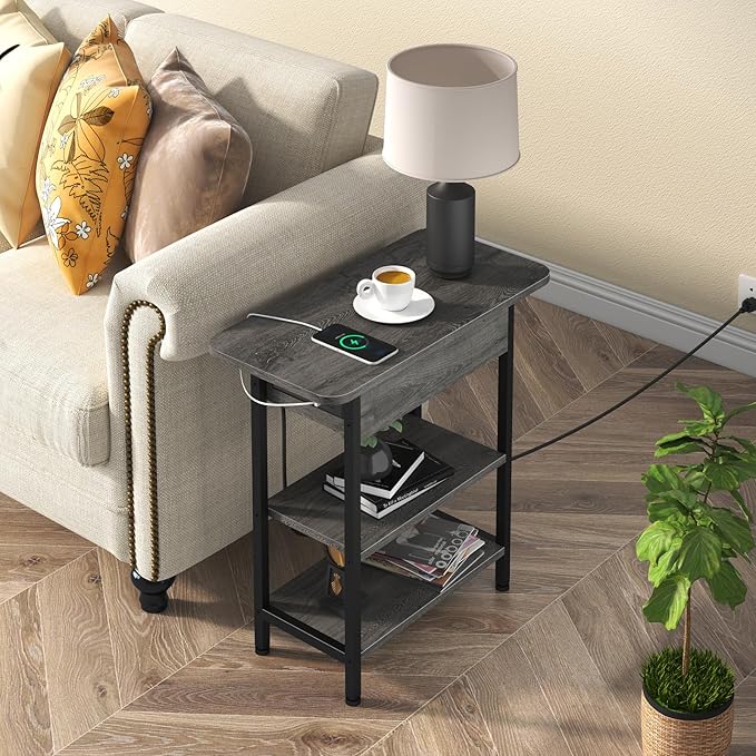 LIDYUK End Table with Charging Station, Flip Top Narrow Side Table for Small Spaces, Nightstands Set of 2 for Bedroom, End Tables Living Room Set of 2 with Storage Shelf, Dark Grey