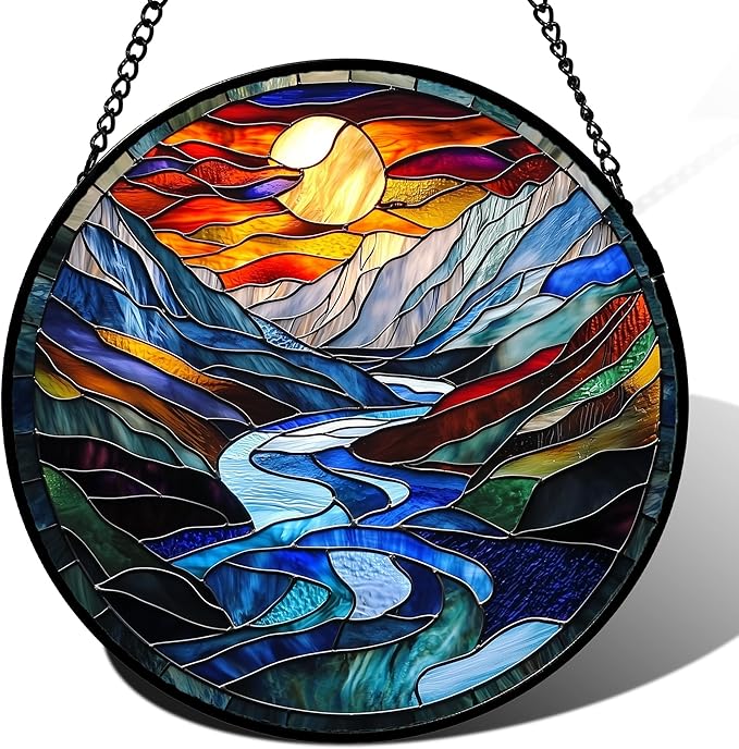 AMDERVEN Stained Glass Window Hanging, Canyon Mountains Sunset View Sun Catcher for Window Home Decor Landscape Suncatcher Mother's Day Birthday Gifts for Women Men Mom and Nana 7.8 in