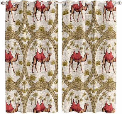 2 Panel Kitchen Cafe Curtains, Camels Palm Trees Sunlight Filtering Nature Air by Hokiten