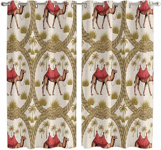 2 Panel Kitchen Cafe Curtains, Camels Palm Trees Sunlight Filtering Nature Air by Hokiten
