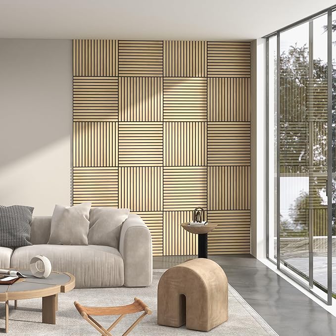 HOMCOM 4 Pack 3D Acoustic Panels, 24" x 24" Soundproof Wood Panels for Wall, Wood Slat Wall Paneling for Interior Ceiling, Office, Home Theater, Studio, Oak
