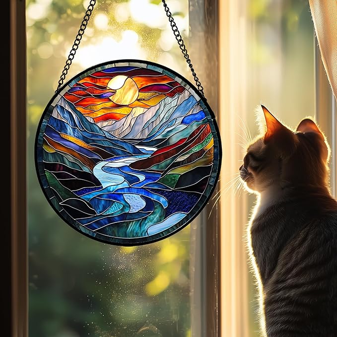 AMDERVEN Stained Glass Window Hanging, Canyon Mountains Sunset View Sun Catcher for Window Home Decor Landscape Suncatcher Mother's Day Birthday Gifts for Women Men Mom and Nana 15 in