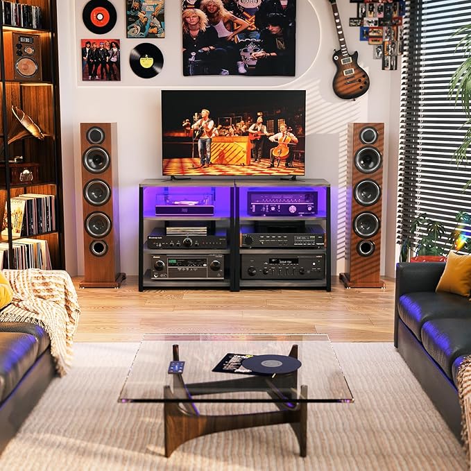 Besiost AV Media Stand with Outlets, Media Console with LED Lights, Stereo Racks and Stands with Storage Shelves, Media Audio Tower Stand, Light Grey Walnut