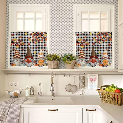 Thanksgiving Gnomes Kitchen Curtain Set, Fallen Maple Leaf Pumpkin Black Plaid - Image 4
