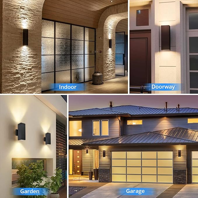 wowlite Outdoor Wall Lights Dusk to Dawn Sensor, 2700K Warm LED Up Down Sconce, IP65 Waterproof 13" Modern Square Matte Black Exterior Light Fixture Wall Mount for Porch Patio Garage, ETL Listed
