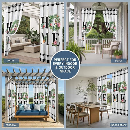 Summer Outdoor Curtains for Patio Leaves Garland Plumeria Wood Buffalo Plaid - Image 8
