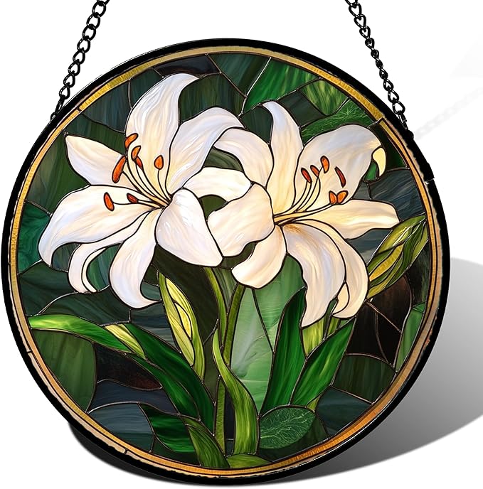 CRISGIF Stained Glass Window Hanging, White Lily Suncatcher for Door Garden Patio Birth Flower Green Plant Sun Catchers Decor Christmas Mother's Day Birthday Gifts for Women Mom Nana Friend 15 in