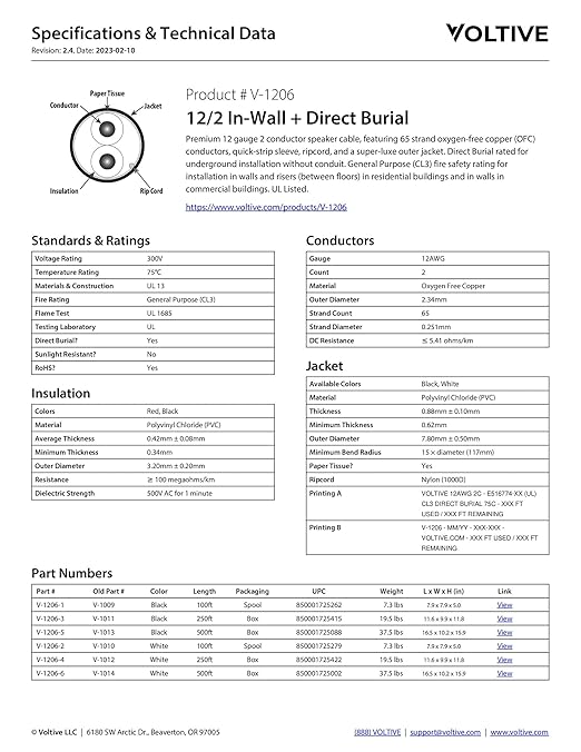 Voltive 12/2 Speaker Wire, in-Wall CL3 & Direct Burial, Black, 250ft - 12AWG, 2 Conductors, Stranded Oxygen-Free Copper, UL Listed - V-1206-3