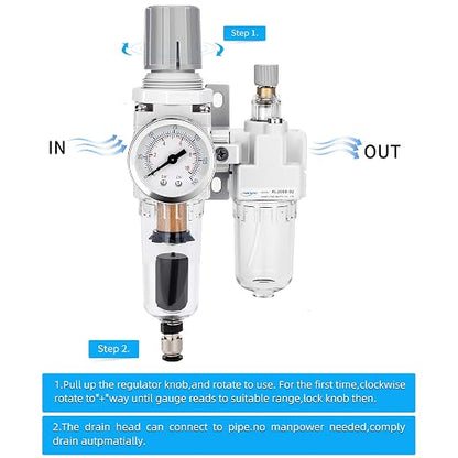 NANPU 1/4" NPT Auto-Drain Air Filter Regulator Lubricator Combo Water/Oil Trap - Image 4