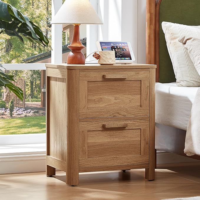 Joaxswe Farmhouse Nightstand Set of 2 with Charging Station, End Tables Bedroom with 2 Large Drawers & 4 Thickened Table Legs, Dark Wood