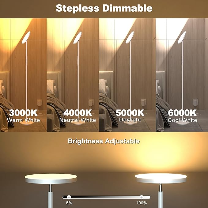 LED Floor Lamp, 3600LM Bright Standing Lamp 350W Equivalent with 2700K-6500K Stepless Dimming, Modern Torchiere Room Lamp with Remote/Touch Control, 69" Tall Lamp for Living Room Bedroom Office(White)