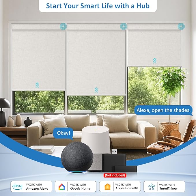 MANSNIX Smart Motorized Blinds with Remote, Cordless No-Drill Automatic Roller Shades, Blackout Electric Blind for Windows, Linen Stone, 34 x 72