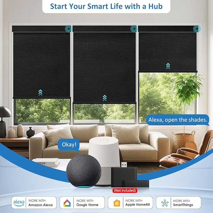MANSNIX Smart Motorized Blinds with Remote, Cordless No-Drill Automatic Roller Shades, Blackout Electric Blind for Windows, Black, 35.5 x 72